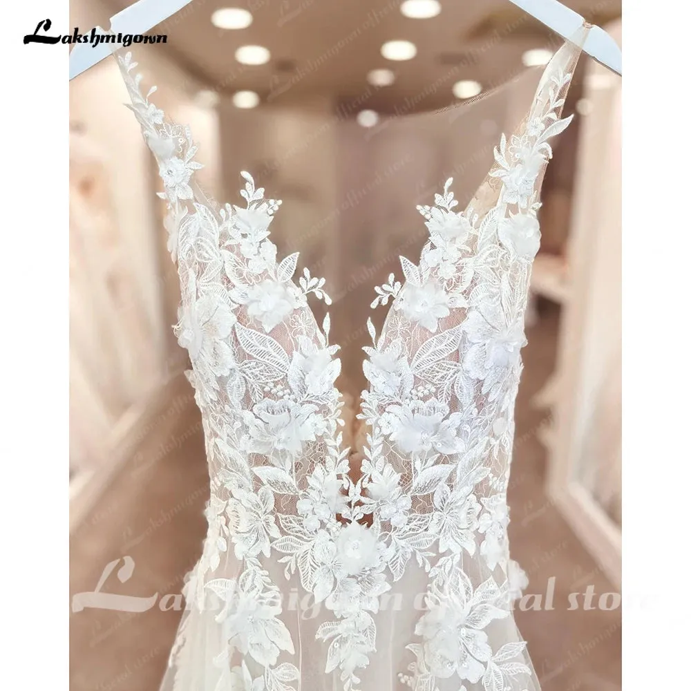 Lakshmigown Vintage Lace Appliques Backless Wedding Dress with V Neck 2024 3D Flowers Bridal Gown