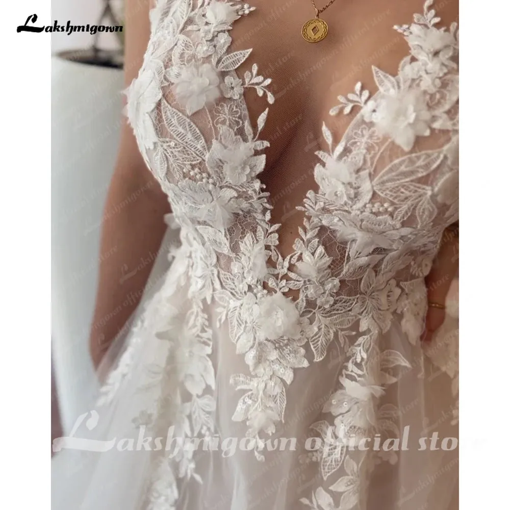 Lakshmigown Vintage Lace Appliques Backless Wedding Dress with V Neck 2024 3D Flowers Bridal Gown