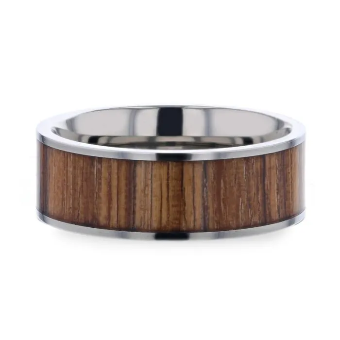 LAMAR Zebrawood Inlaid Flat Titanium Men's Wedding Band With Flat Polished Edges - 8mm