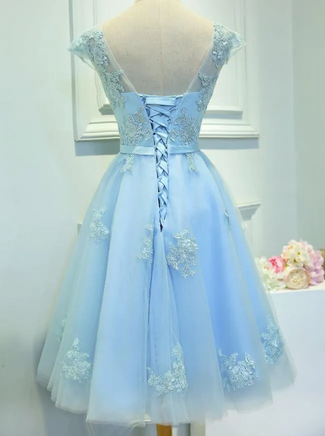 Light Blue Cap Sleeves Tea Length Vintage Style Formal Dress, Blue Homecoming Dresses