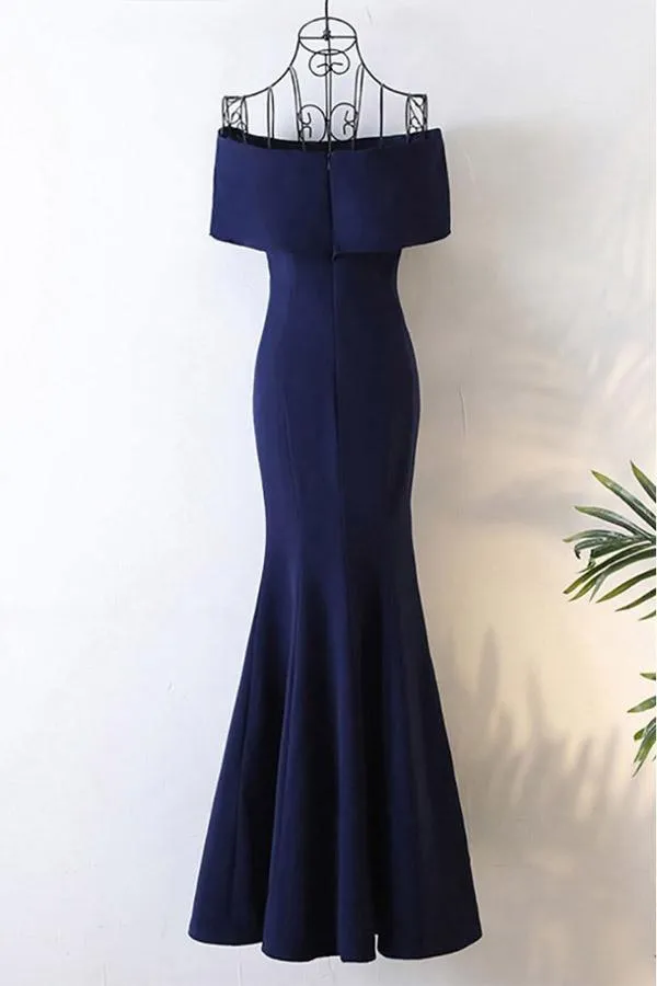 Long Navy Blue Satin Mermaid Forma/Prom Dress Off The Shoulder TD008