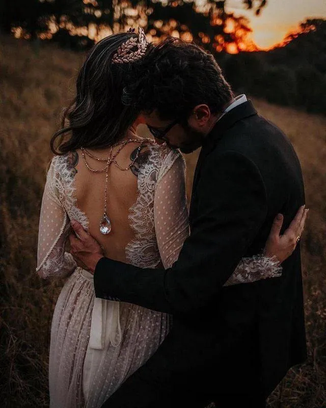 Long Sleeve V-neck  Polka Dot Lace Open Back Boho Bridal Gown TN207