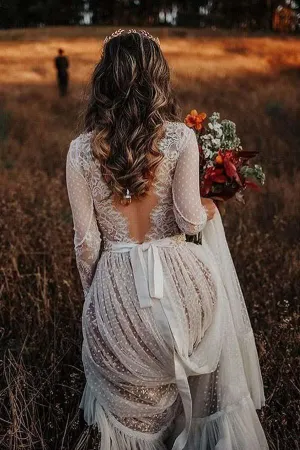 Long Sleeve V-neck  Polka Dot Lace Open Back Boho Bridal Gown TN207