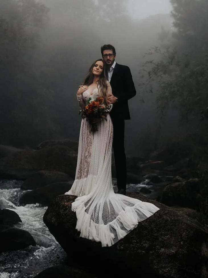 Long Sleeve V-neck  Polka Dot Lace Open Back Boho Bridal Gown TN207