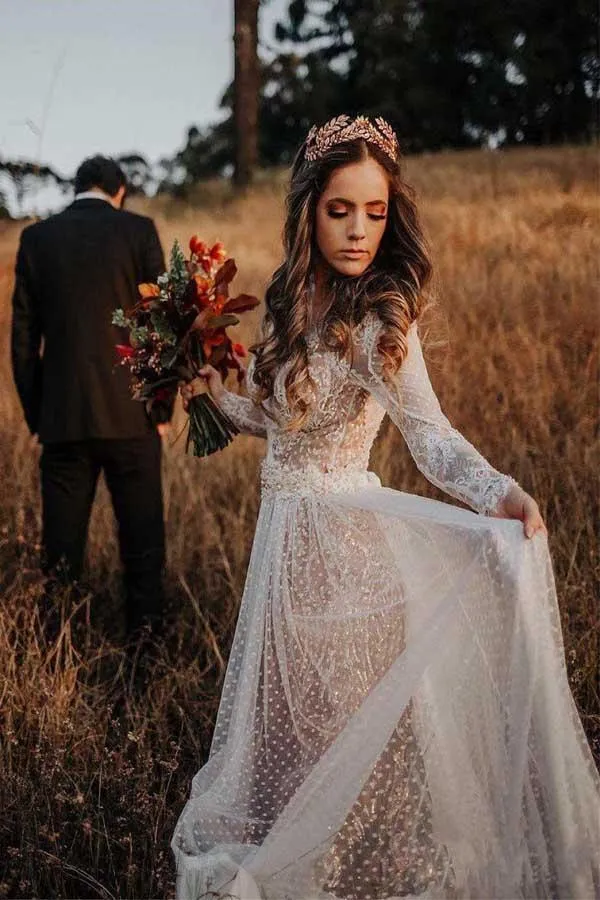 Long Sleeve V-neck  Polka Dot Lace Open Back Boho Bridal Gown TN207