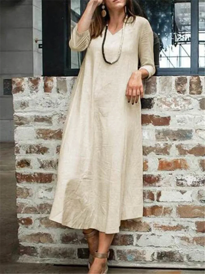 Loose Fit V Neck Long Sleeve Solid Color Pocket Maxi Dress