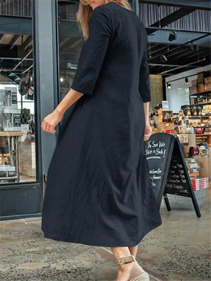 Loose Fit V Neck Long Sleeve Solid Color Pocket Maxi Dress