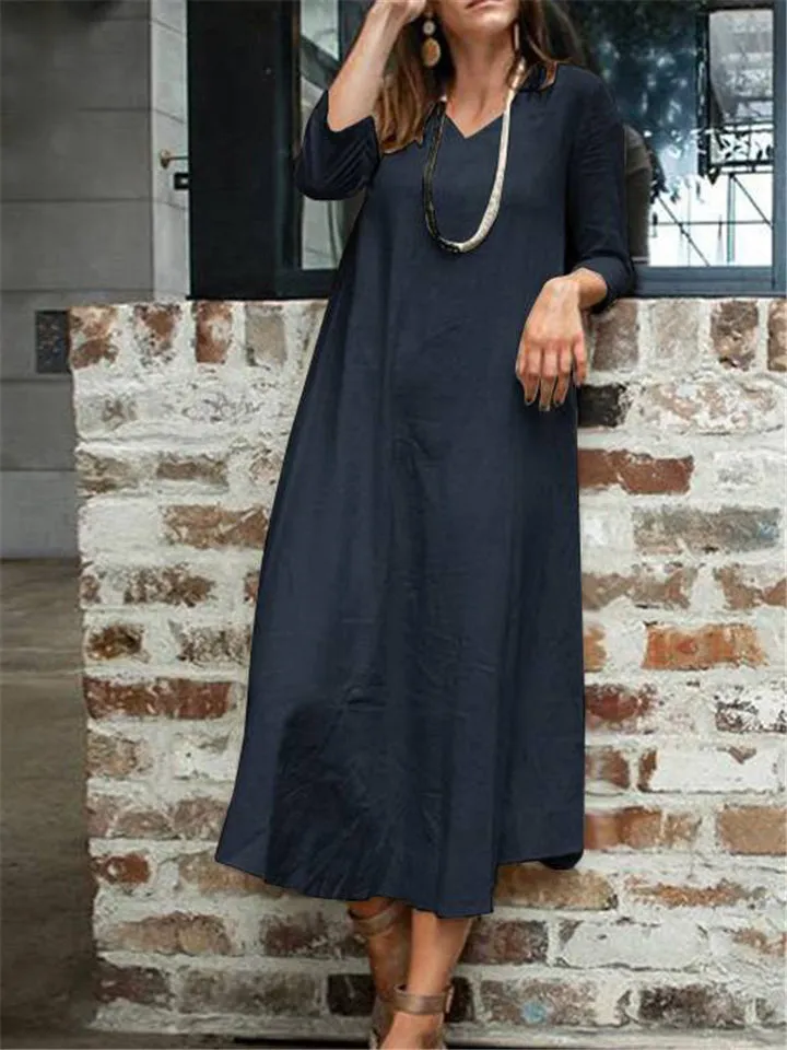 Loose Fit V Neck Long Sleeve Solid Color Pocket Maxi Dress