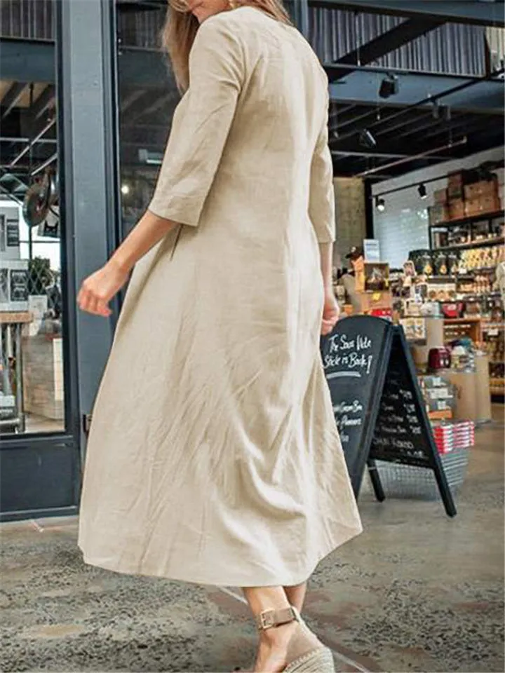 Loose Fit V Neck Long Sleeve Solid Color Pocket Maxi Dress