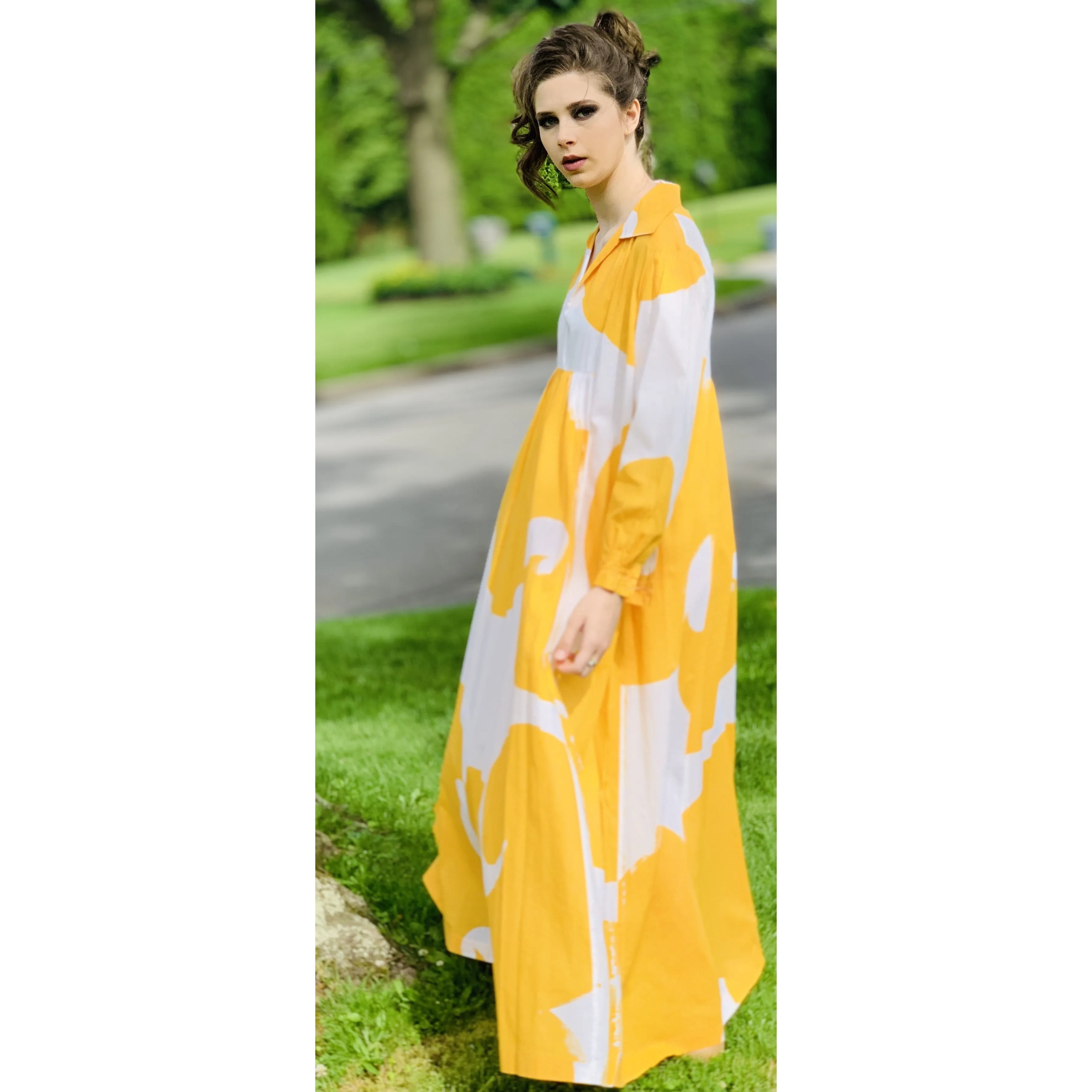 Marimekko Gown ”Jokeri”  Annika Rimala Vintage 1970s Yellow White Huge Hem Maxi SZ M