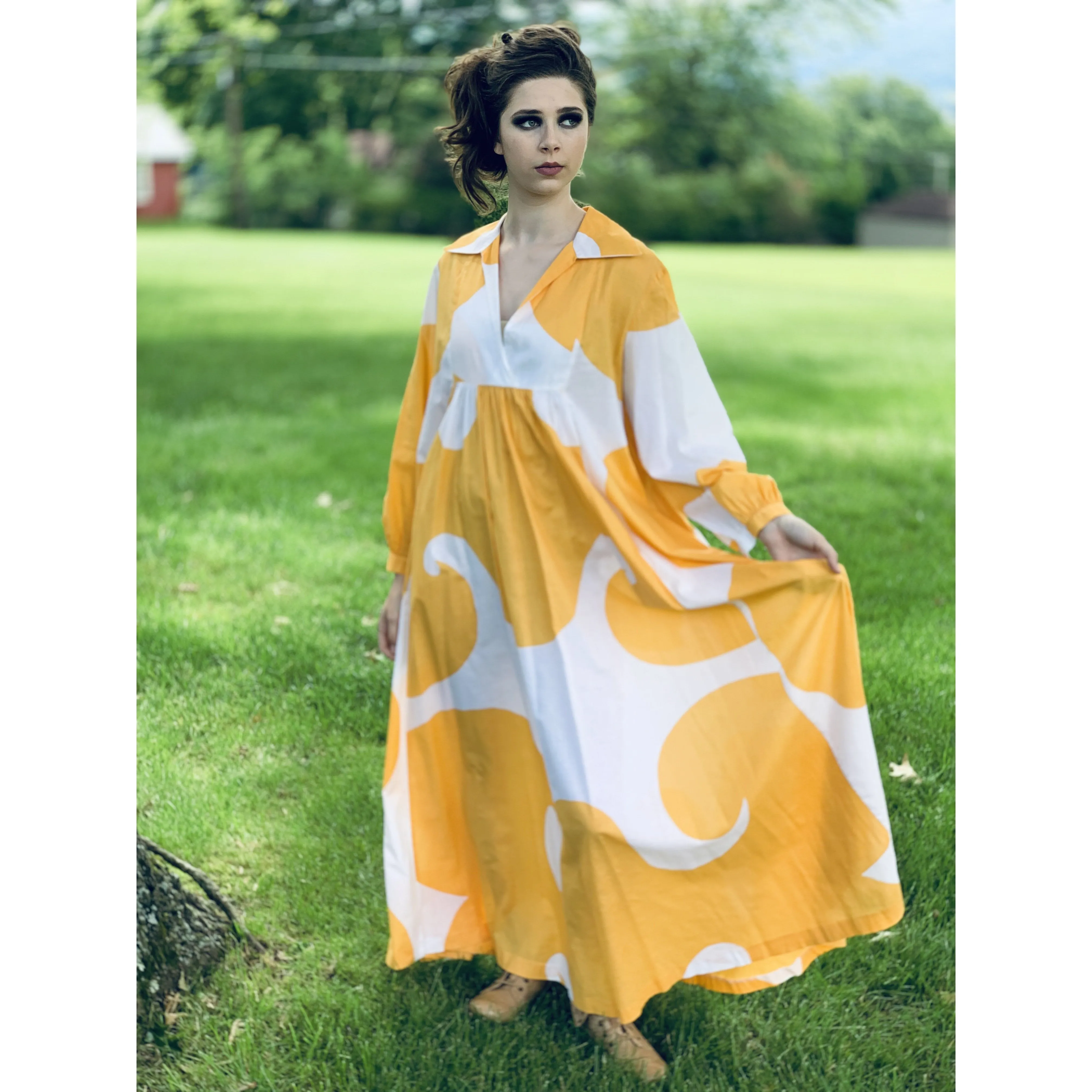 Marimekko Gown ”Jokeri”  Annika Rimala Vintage 1970s Yellow White Huge Hem Maxi SZ M