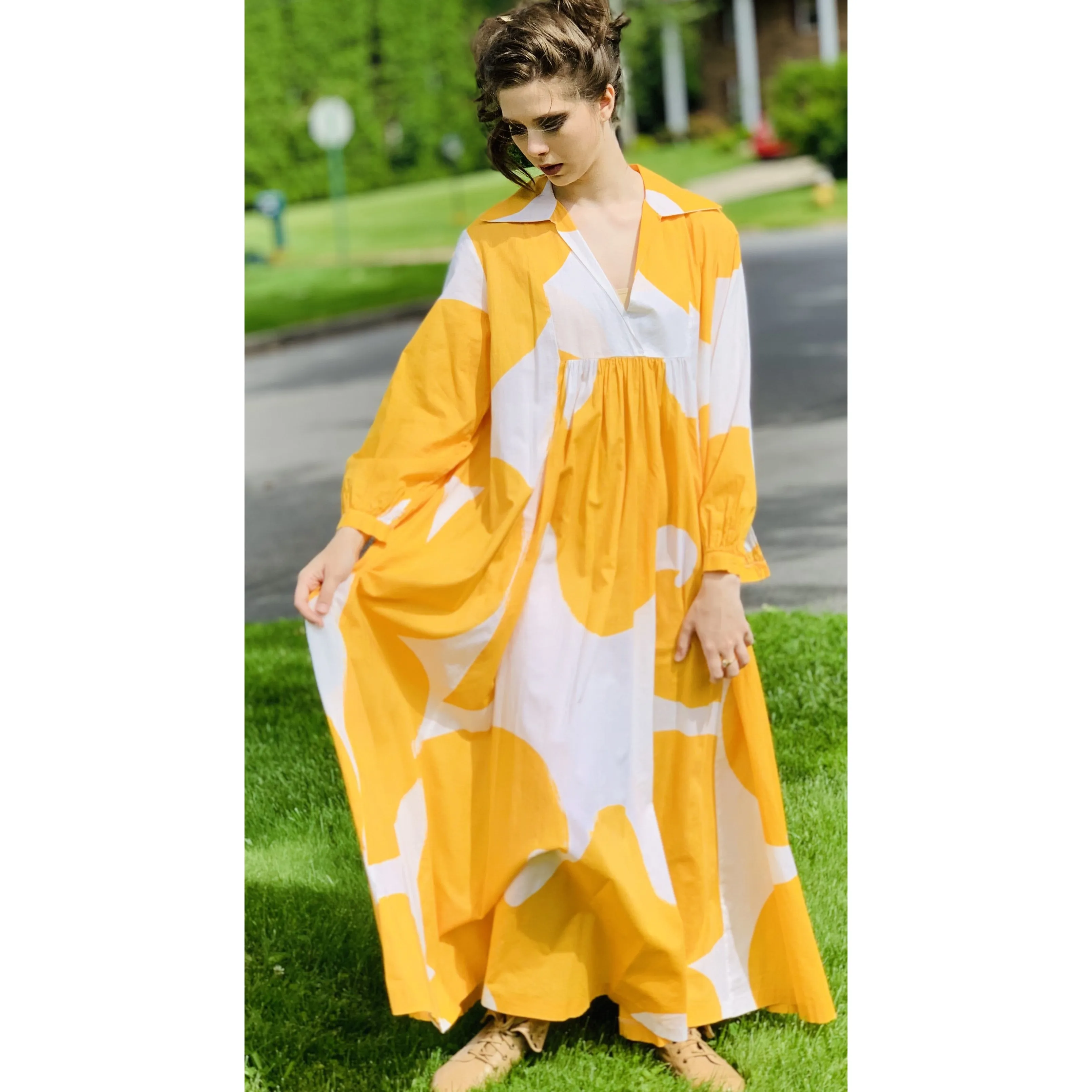 Marimekko Gown ”Jokeri”  Annika Rimala Vintage 1970s Yellow White Huge Hem Maxi SZ M