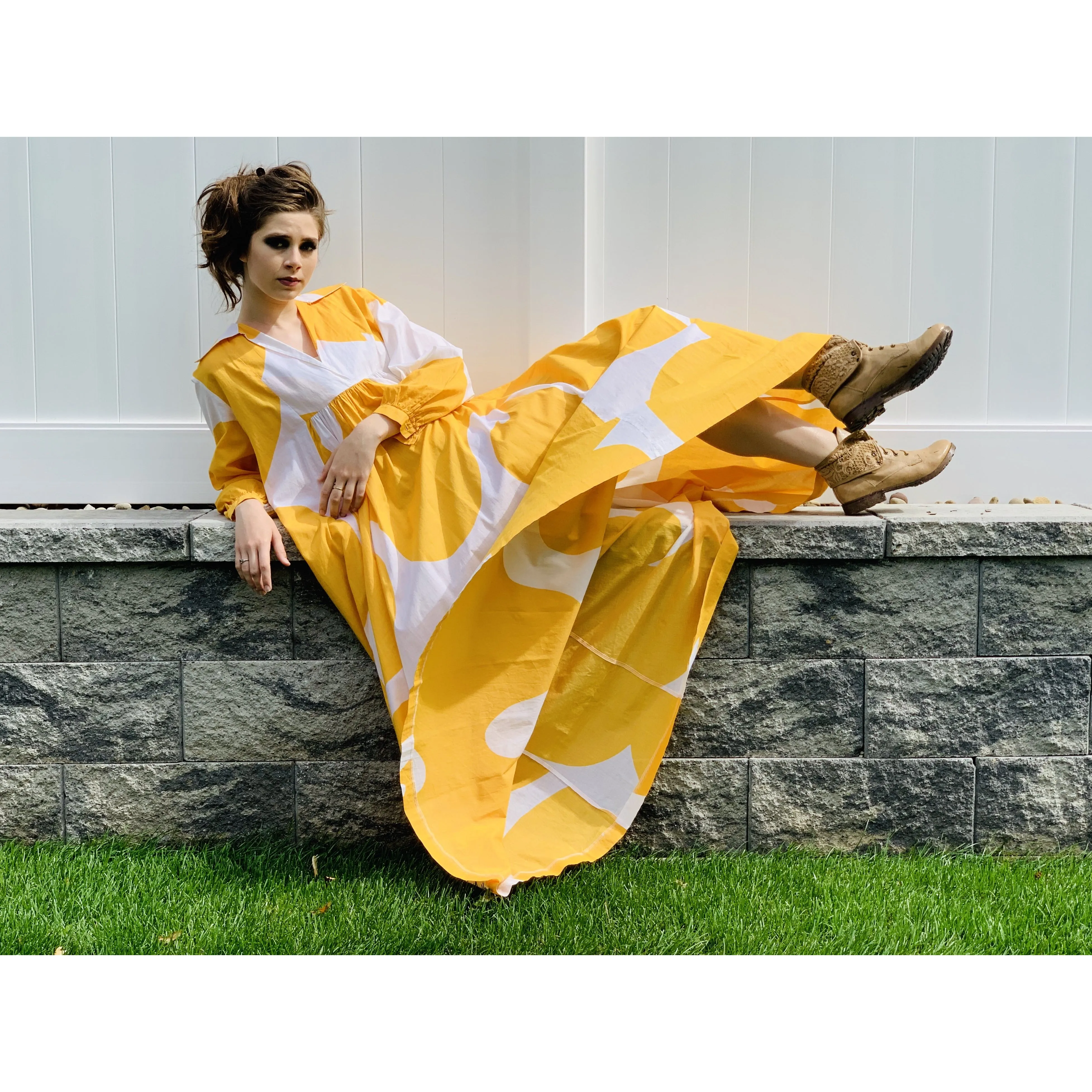 Marimekko Gown ”Jokeri”  Annika Rimala Vintage 1970s Yellow White Huge Hem Maxi SZ M