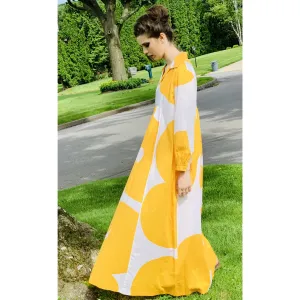 Marimekko Gown ”Jokeri”  Annika Rimala Vintage 1970s Yellow White Huge Hem Maxi SZ M