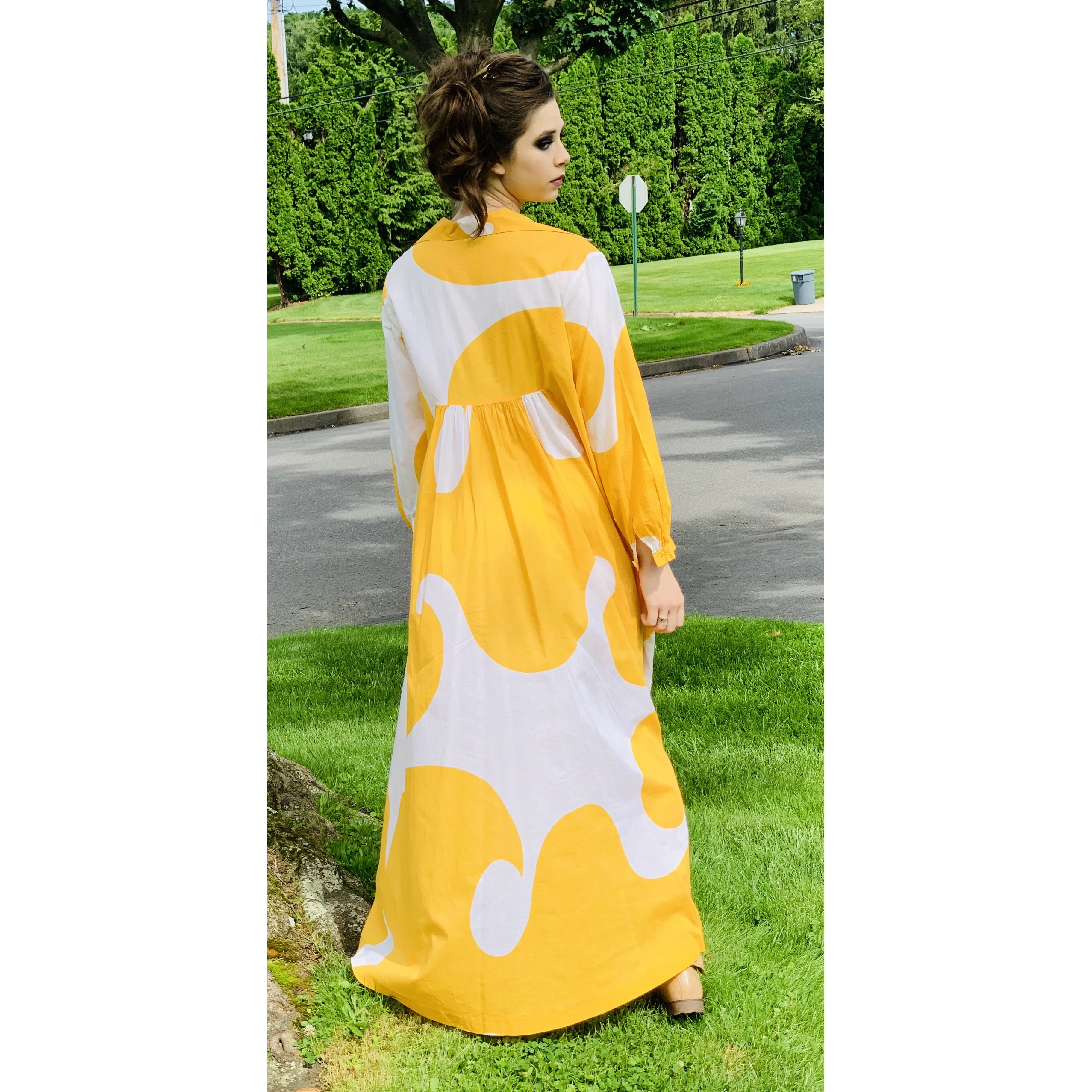 Marimekko Gown ”Jokeri”  Annika Rimala Vintage 1970s Yellow White Huge Hem Maxi SZ M