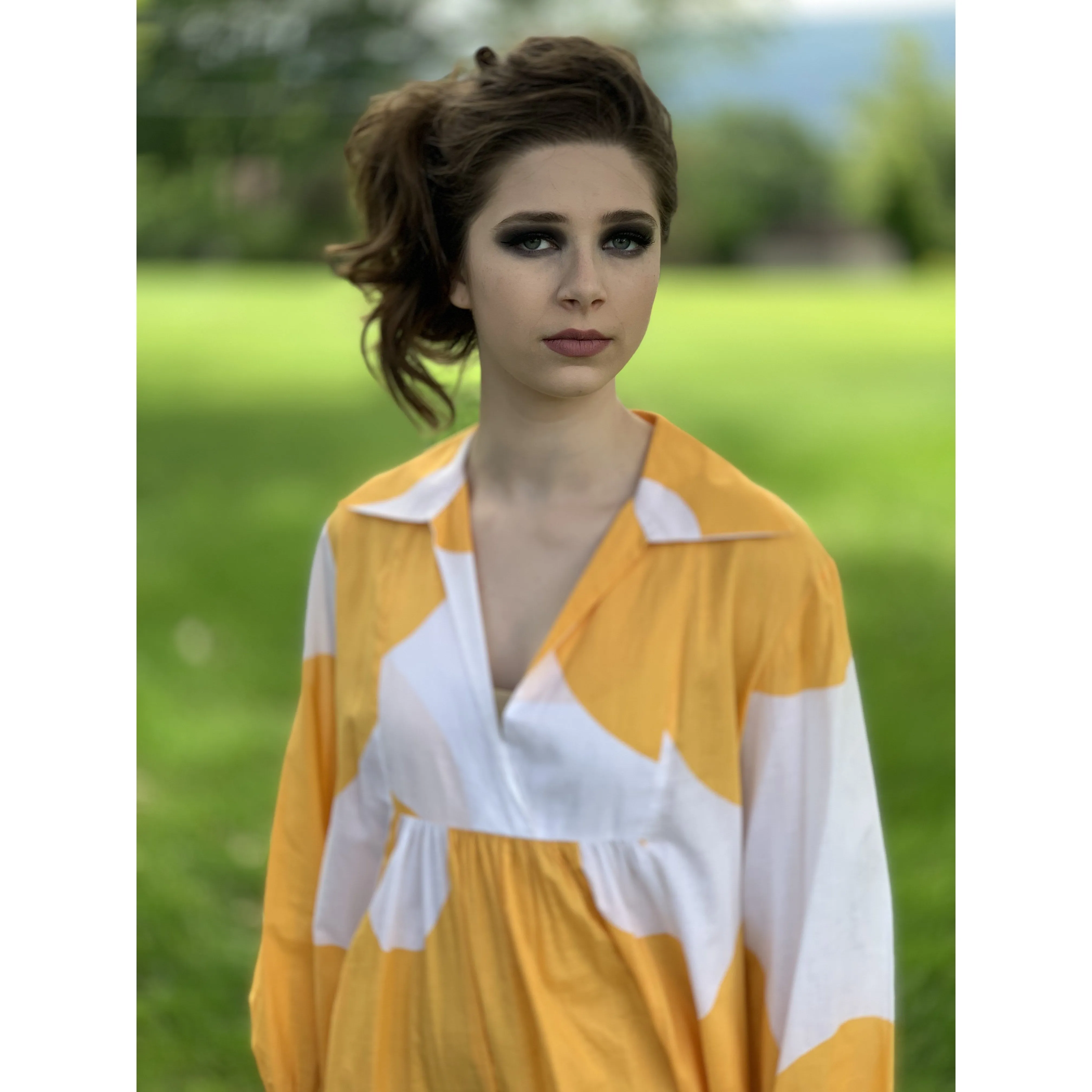 Marimekko Gown ”Jokeri”  Annika Rimala Vintage 1970s Yellow White Huge Hem Maxi SZ M