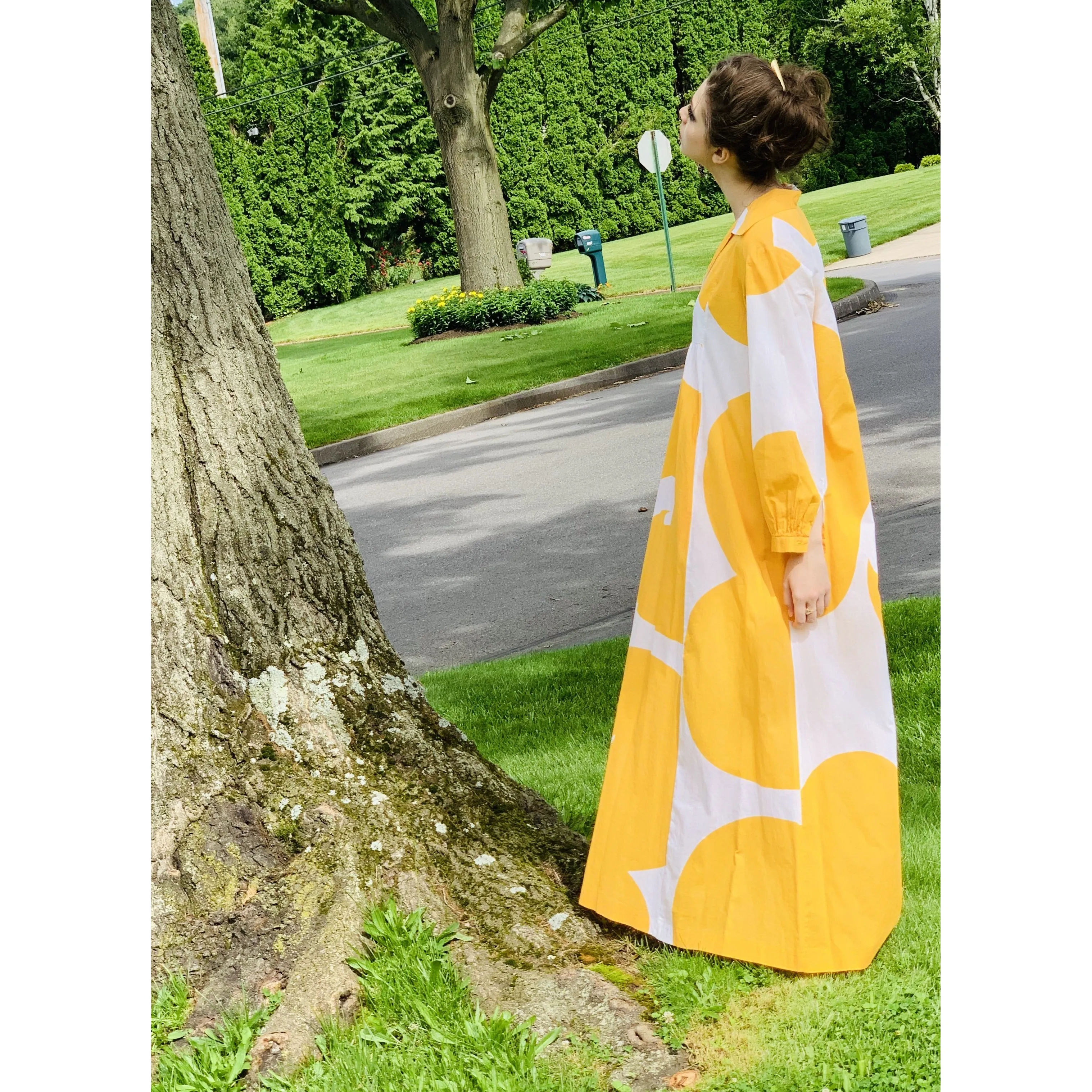 Marimekko Gown ”Jokeri”  Annika Rimala Vintage 1970s Yellow White Huge Hem Maxi SZ M