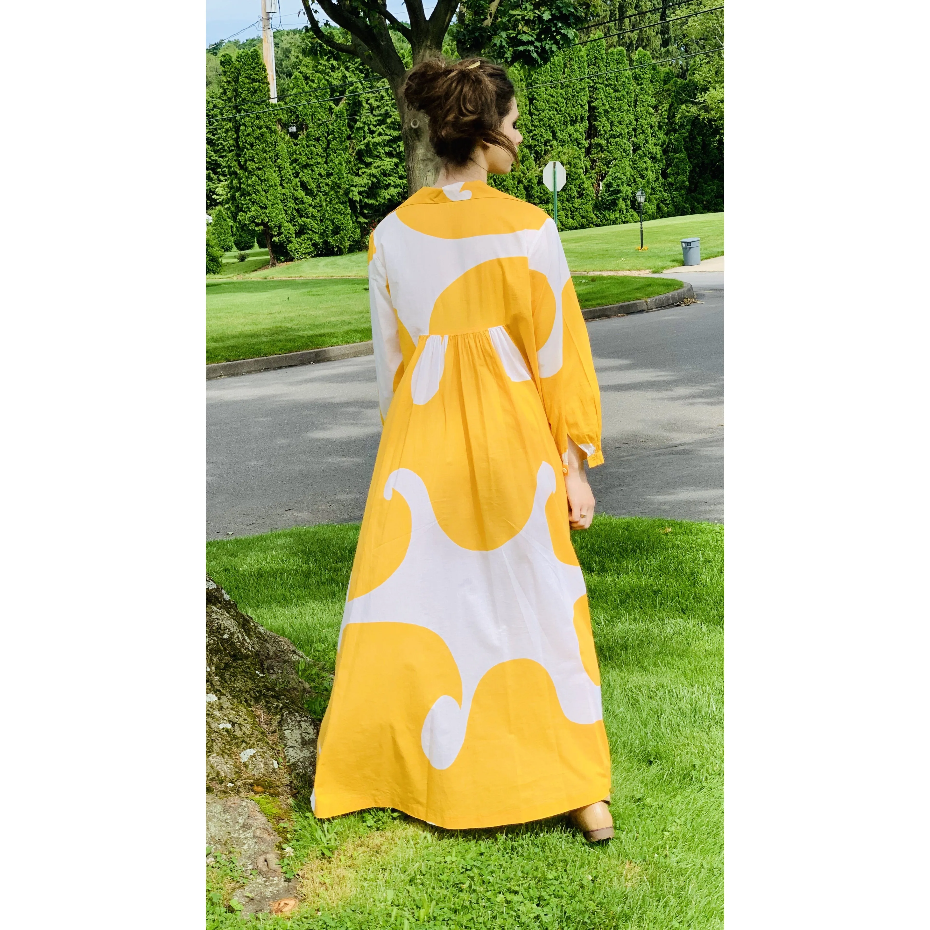 Marimekko Gown ”Jokeri”  Annika Rimala Vintage 1970s Yellow White Huge Hem Maxi SZ M