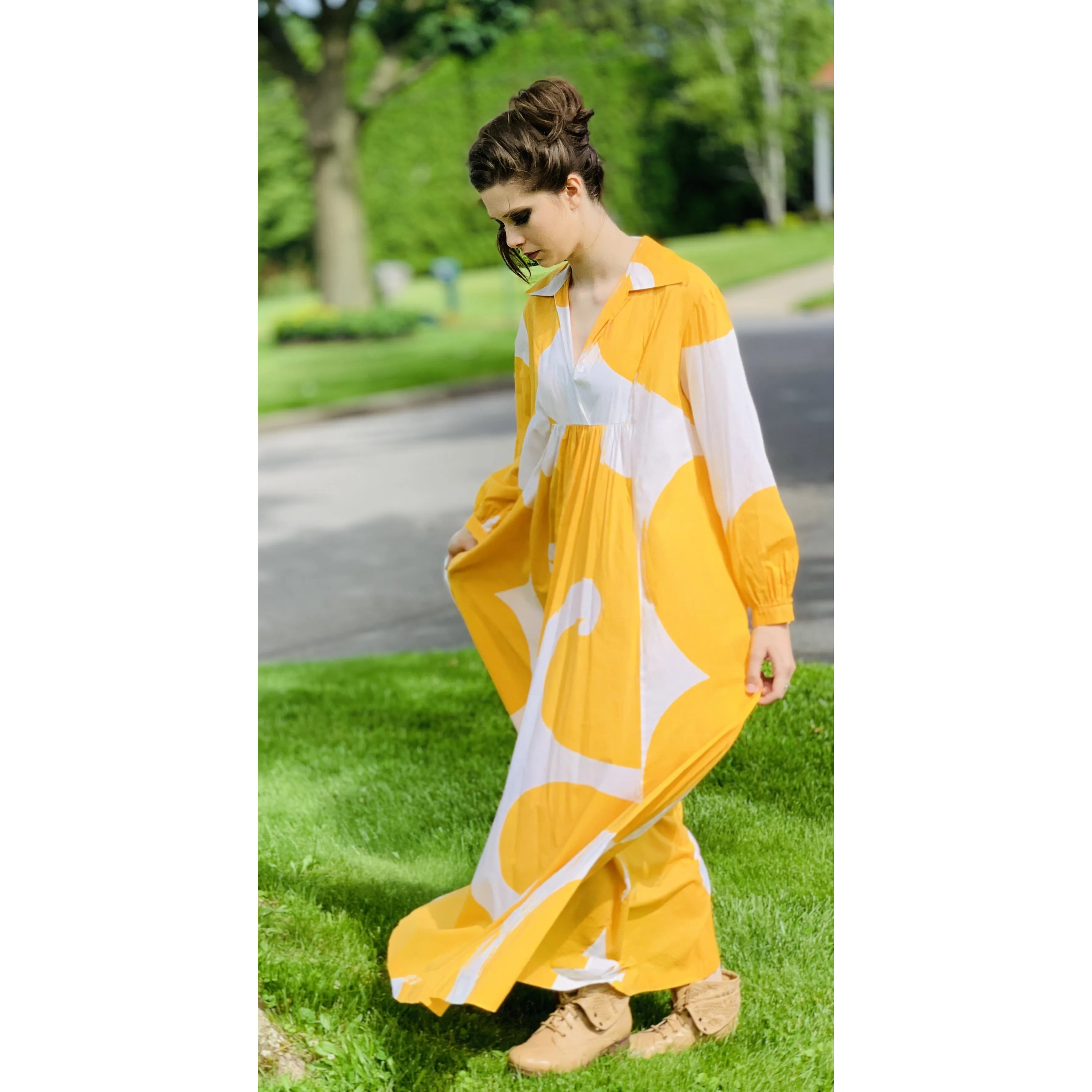 Marimekko Gown ”Jokeri”  Annika Rimala Vintage 1970s Yellow White Huge Hem Maxi SZ M
