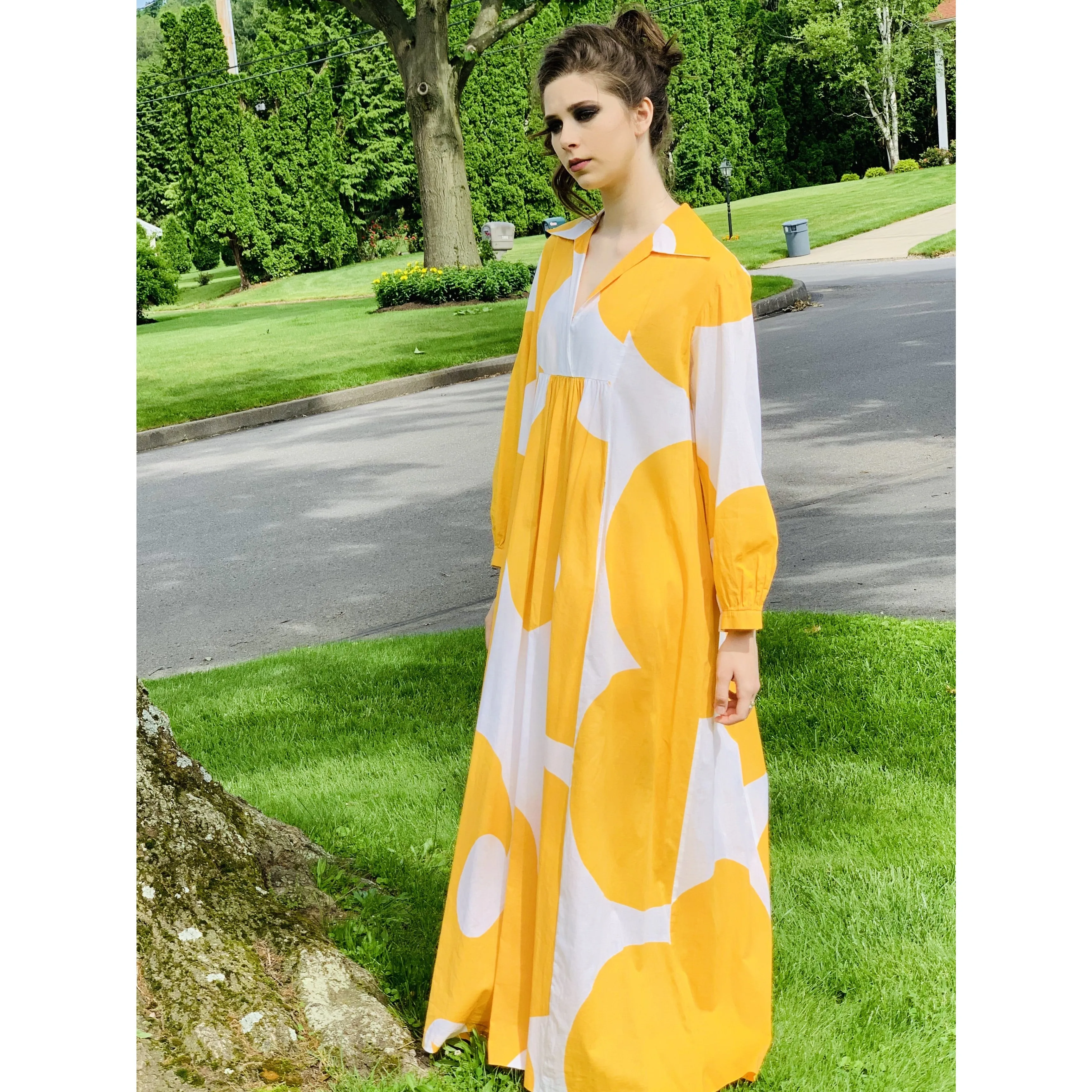Marimekko Gown ”Jokeri”  Annika Rimala Vintage 1970s Yellow White Huge Hem Maxi SZ M