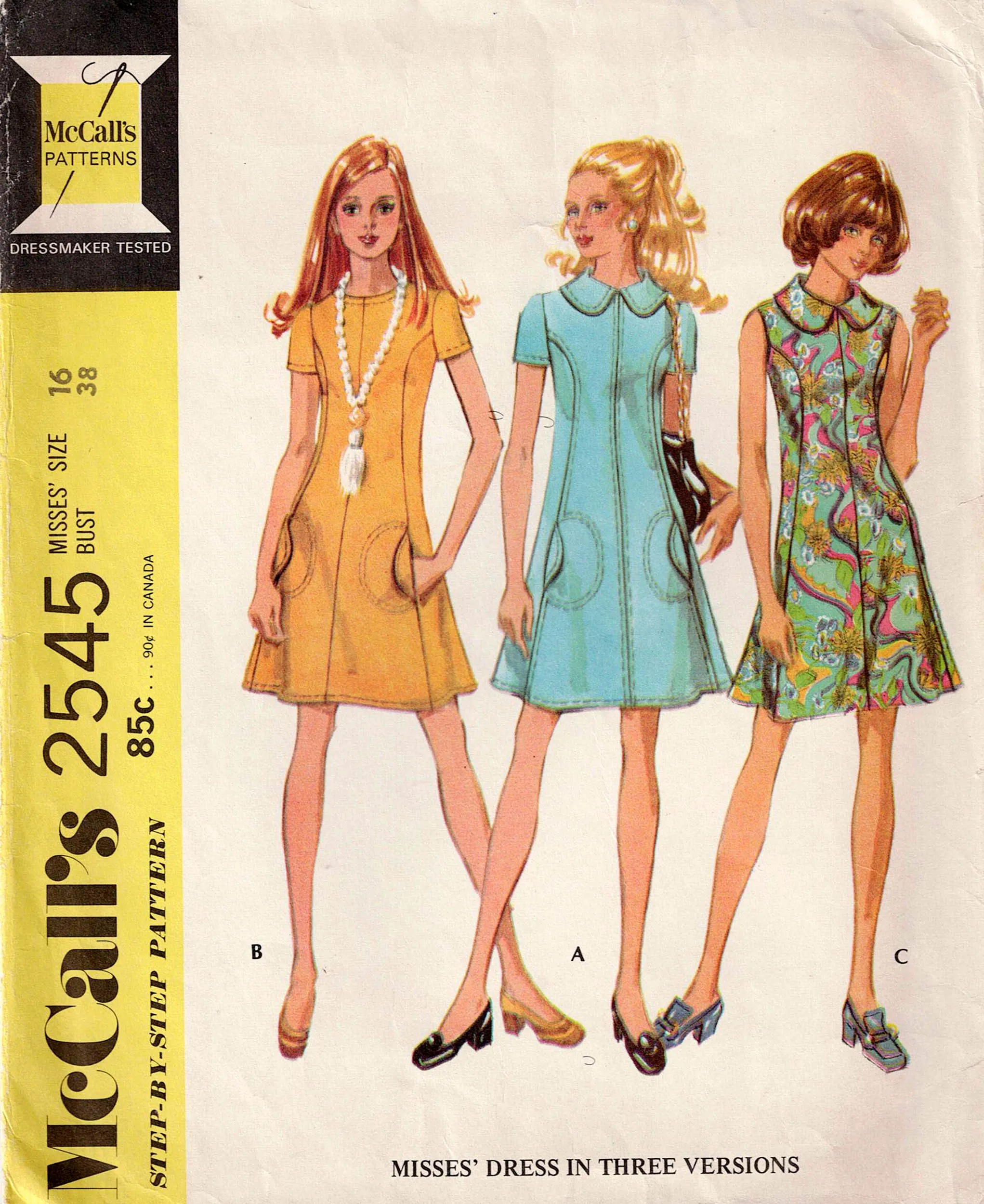 McCall's 2545 Womens Flared Princess Dress with Statement Collar & Pockets 1970s Vintage Sewing Pattern Size 16 Bust 38 inches