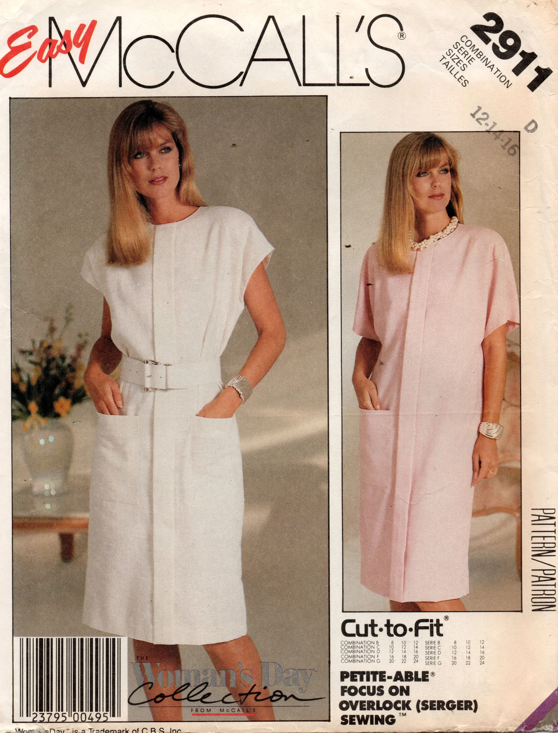 McCall's 2911 Womens EASY Straight Dress 1980s Vintage Sewing Pattern Size 12 - 16
