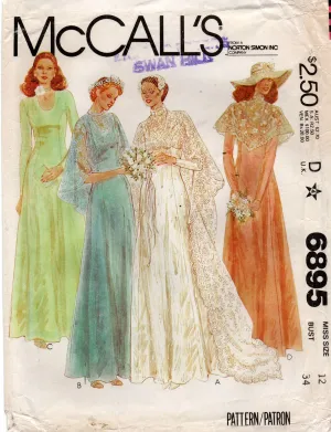 McCall's 6895 Womens Bridal & Bridesmaids Gown & Cape 1970s Vintage Sewing Pattern Size 12 Bust 34 inches UNCUT Factory Folded