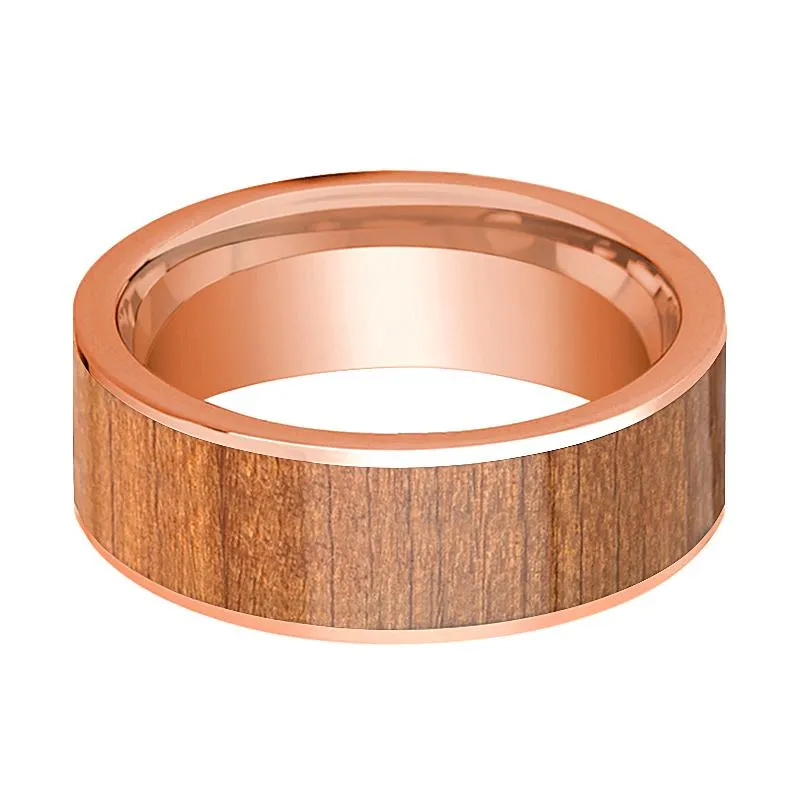 Men's 14k Rose Gold Flat Wedding Band with Cherry Wood Inlay Polished Finish - 8MM