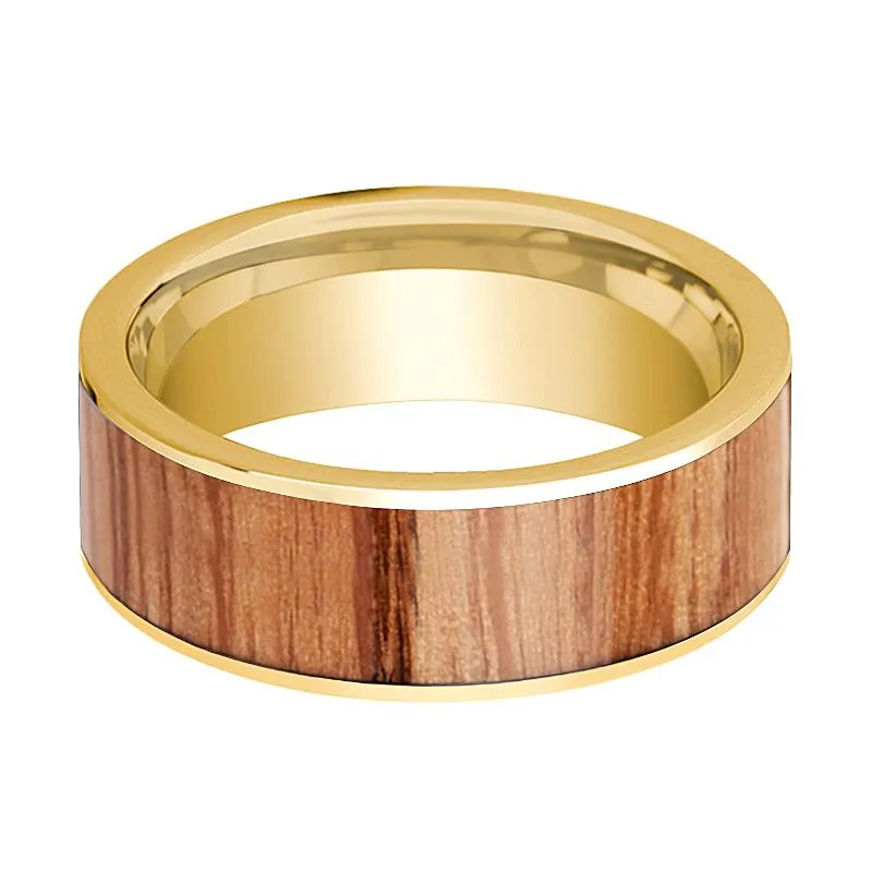 Men's 14k Yellow Gold Flat Wedding Band with Red Oak Wood Inlay Polished Finish - 8MM