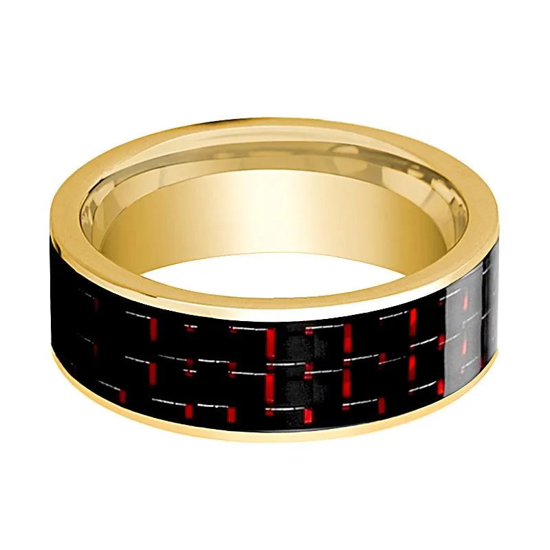 Men's 14k Yellow Gold Flat Wedding Ring with Black & Red Carbon Fiber Inlay Polished Finish - 8MM