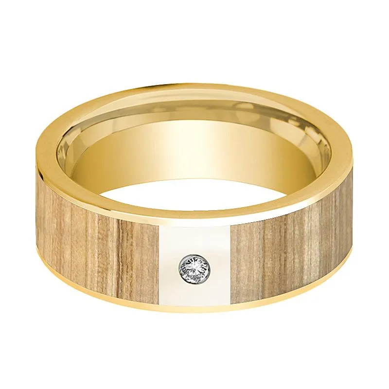 Men's 14k Yellow Gold Wedding Band with Ash Wood Inlay and Diamond - 8MM