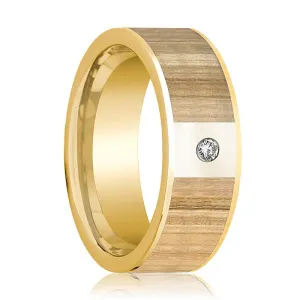 Men's 14k Yellow Gold Wedding Band with Ash Wood Inlay and Diamond - 8MM