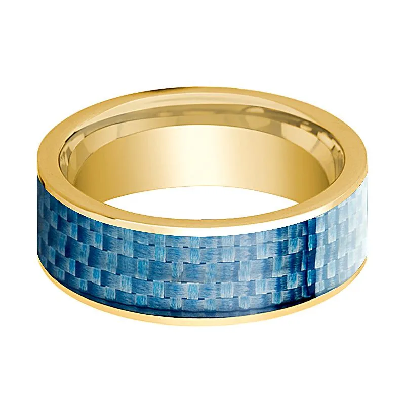 Men's 14k Yellow Gold Wedding Band with Blue Carbon Fiber Inlay Flat Polished Design - 8MM