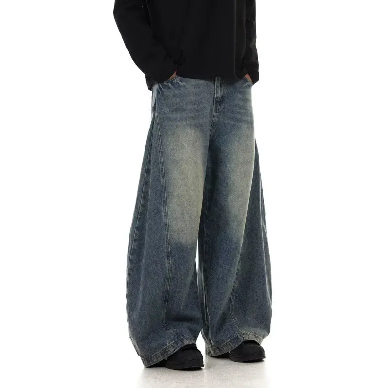 Men's American Retro Wide-Leg Jeans – Washed Design, Loose Fit, Vintage Casual Style
