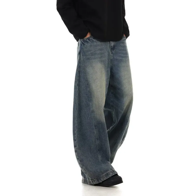 Men's American Retro Wide-Leg Jeans – Washed Design, Loose Fit, Vintage Casual Style