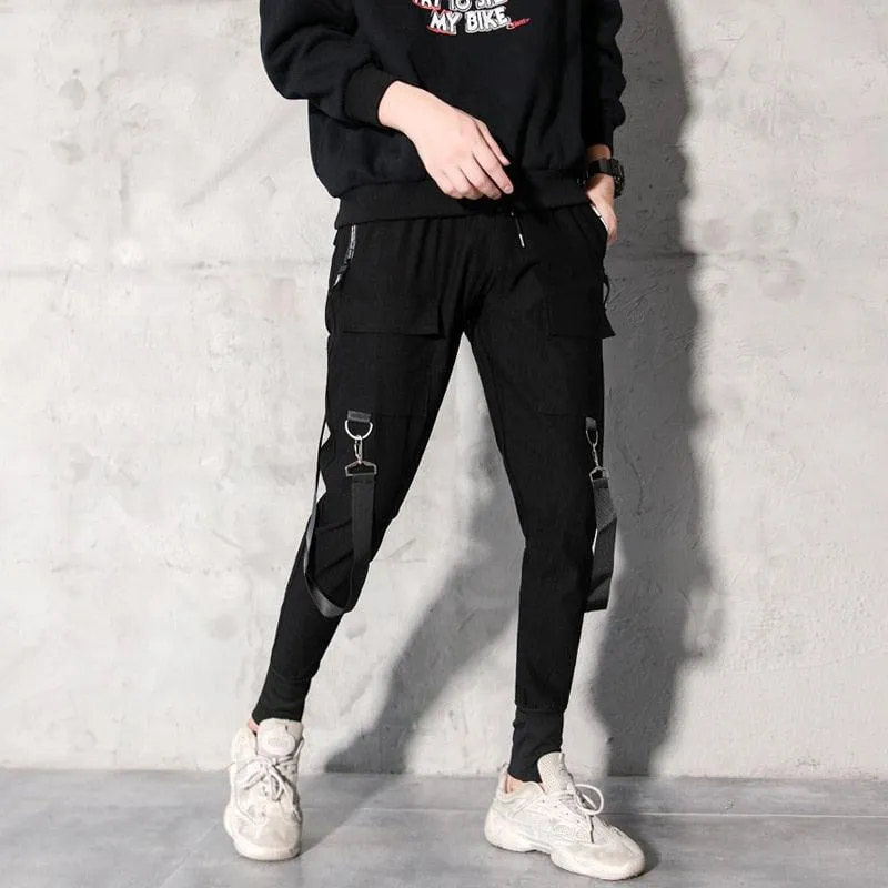 Men's Black Harem Pants - Featuring a Light and Punk Style with Ribbons for a Unique and Edgy Look
