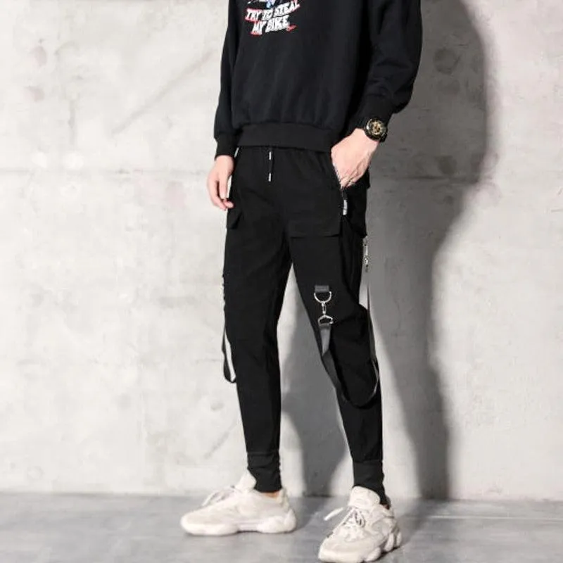 Men's Black Harem Pants - Featuring a Light and Punk Style with Ribbons for a Unique and Edgy Look