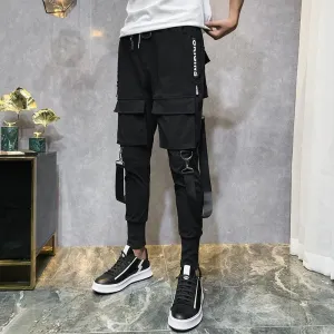 Men's Black Harem Pants - Featuring a Light and Punk Style with Ribbons for a Unique and Edgy Look