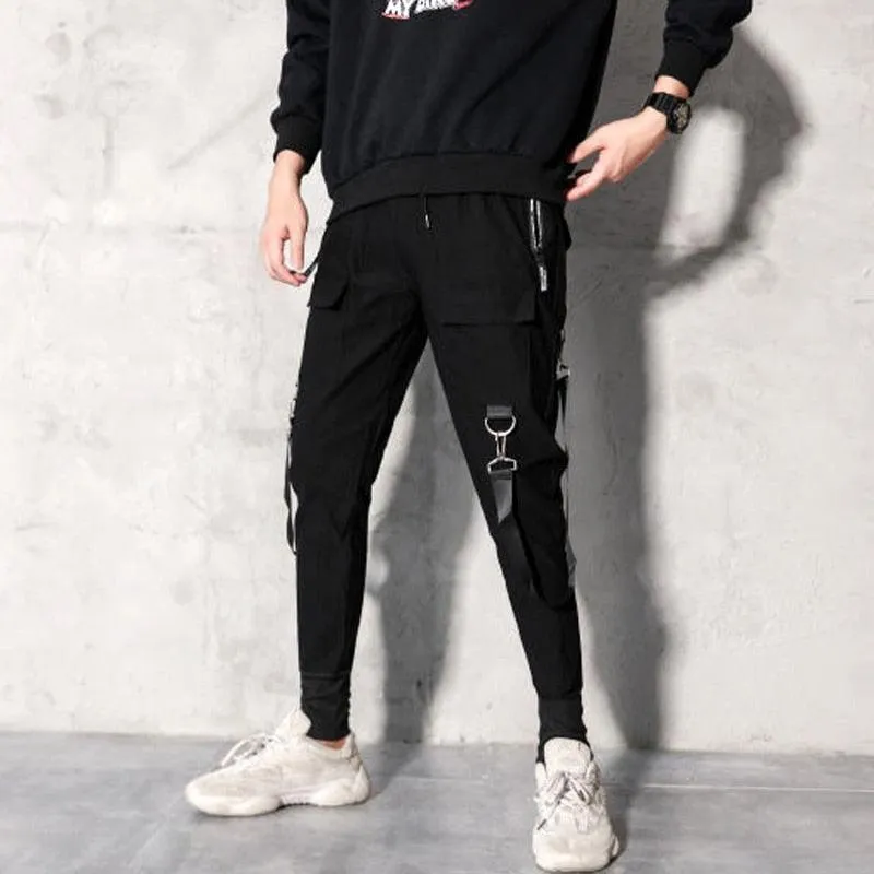 Men's Black Harem Pants - Featuring a Light and Punk Style with Ribbons for a Unique and Edgy Look