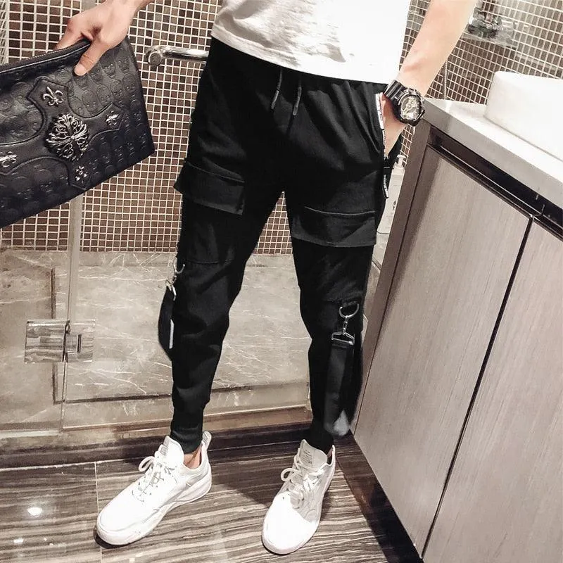 Men's Black Harem Pants - Featuring a Light and Punk Style with Ribbons for a Unique and Edgy Look