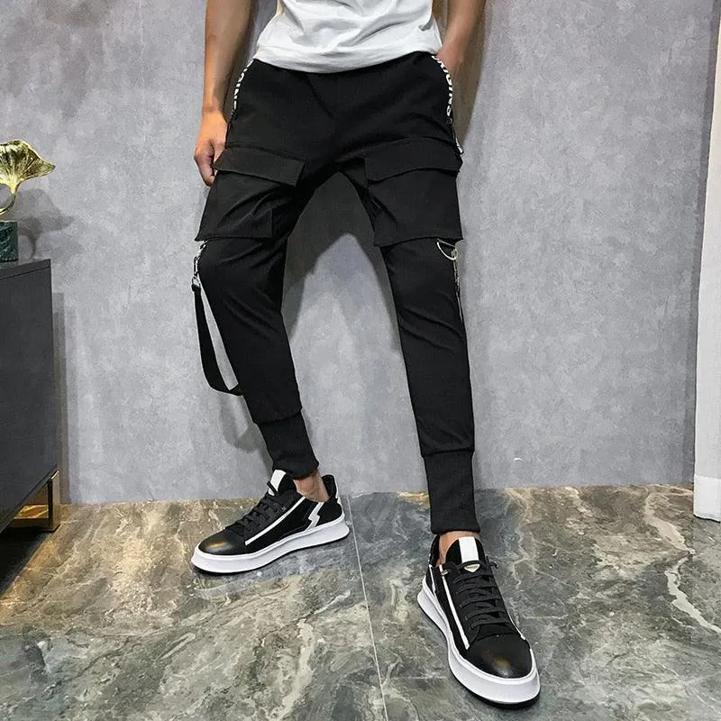 Men's Black Harem Pants - Featuring a Light and Punk Style with Ribbons for a Unique and Edgy Look