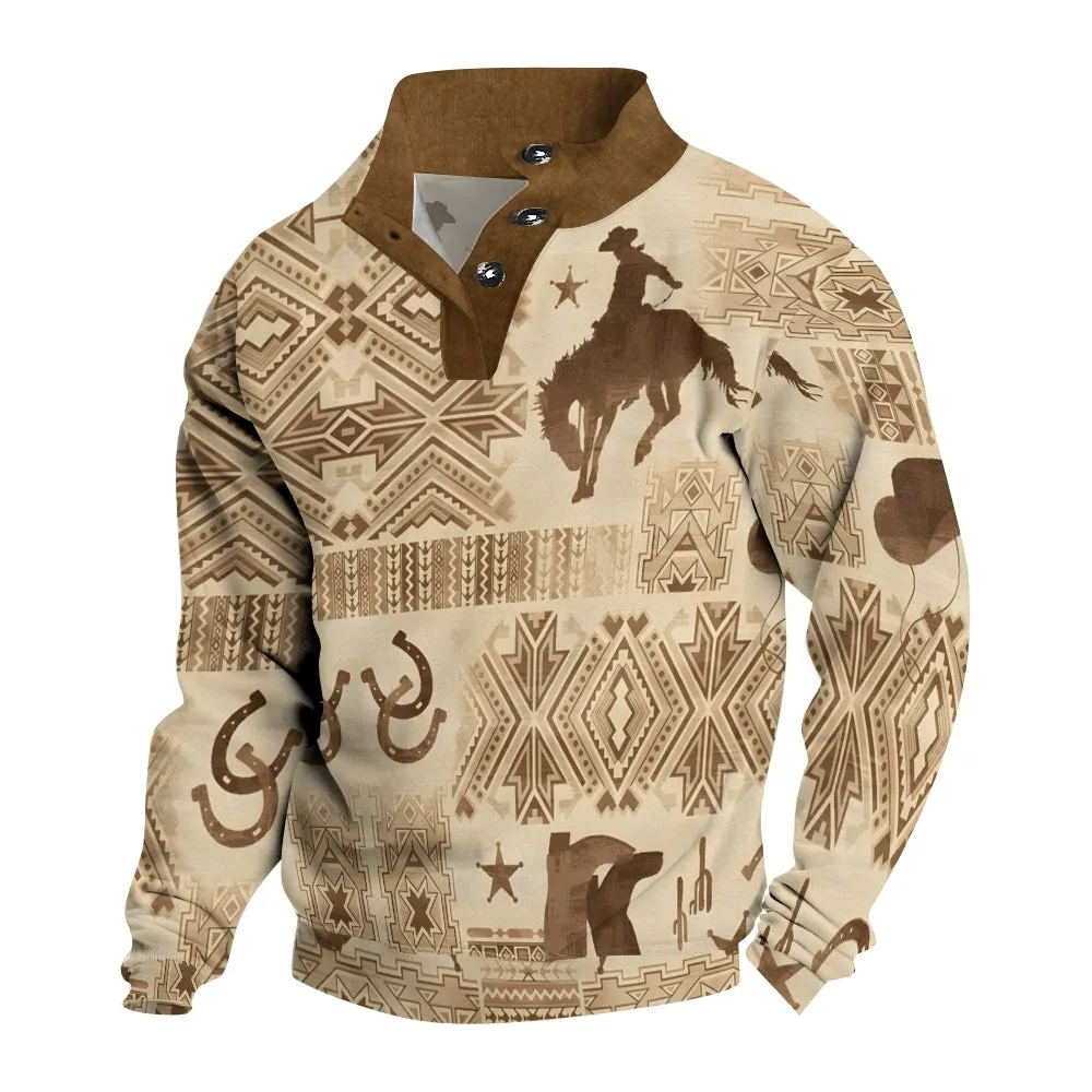Men's Button Vintage Denim Print Casual Long Sleeve Sweatshirt 2410007042