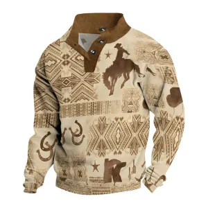 Men's Button Vintage Denim Print Casual Long Sleeve Sweatshirt 2410007042