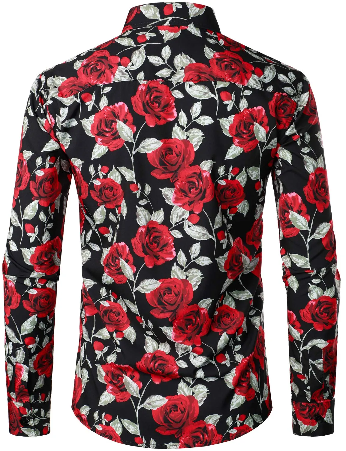 Men's Casual Vintage Rose Black Button Up Long Sleeve Shirt