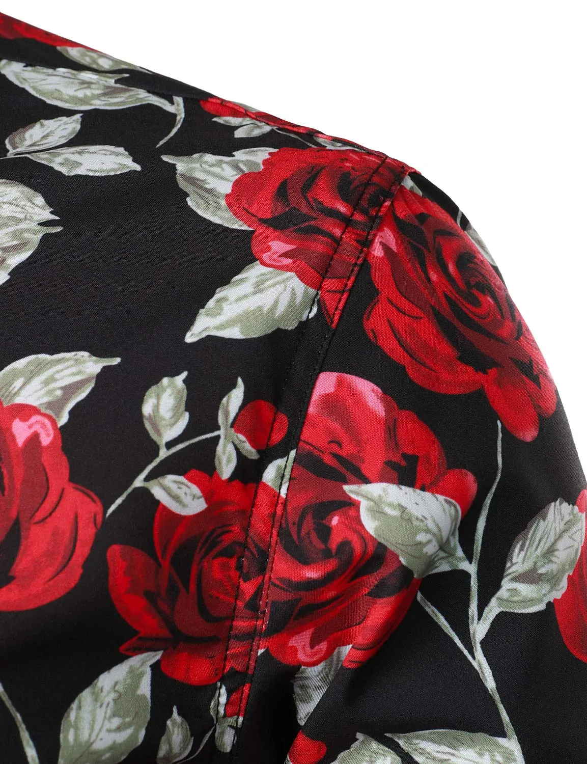 Men's Casual Vintage Rose Black Button Up Long Sleeve Shirt