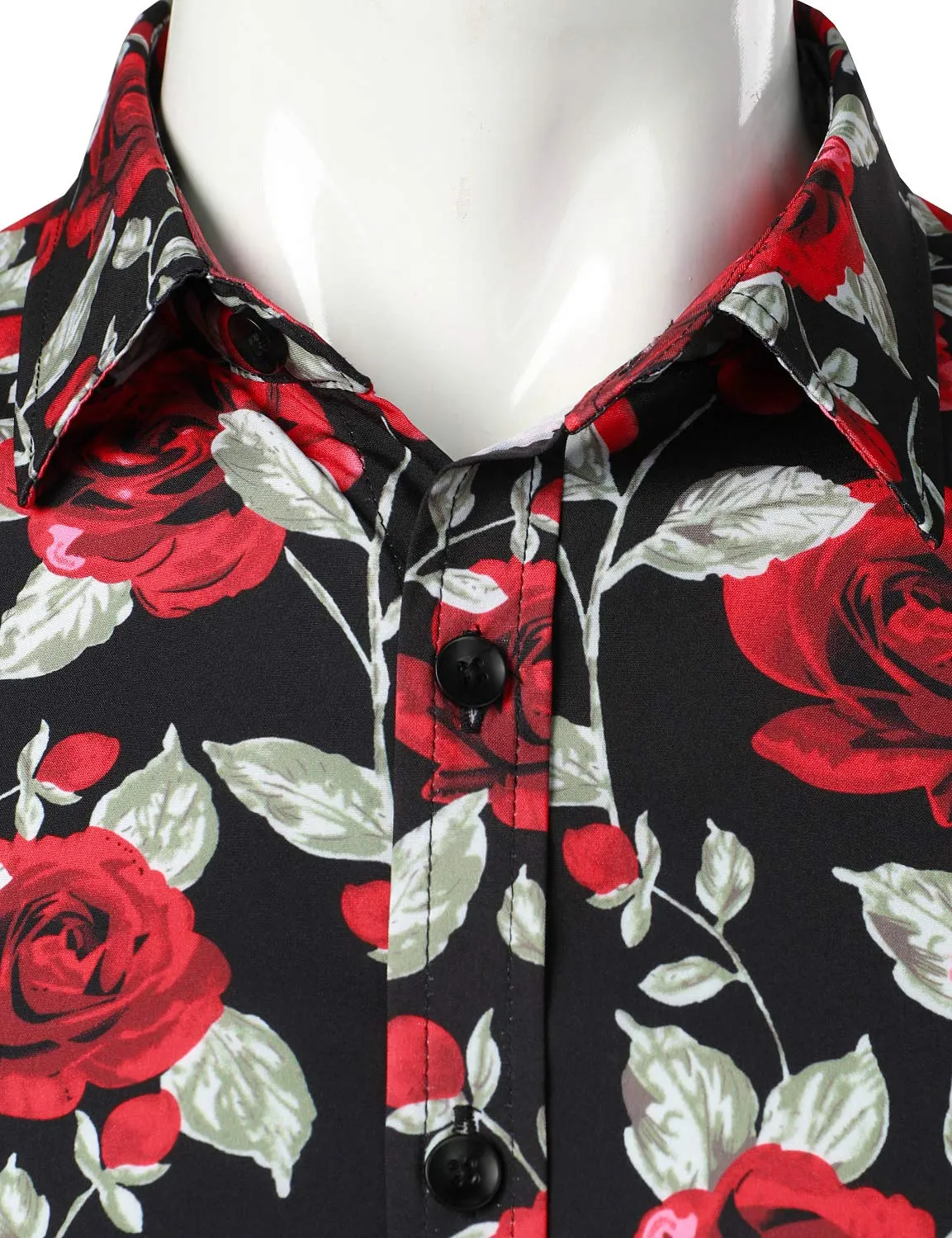 Men's Casual Vintage Rose Black Button Up Long Sleeve Shirt