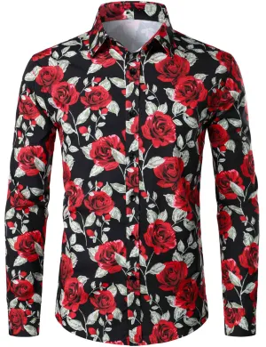 Men's Casual Vintage Rose Black Button Up Long Sleeve Shirt
