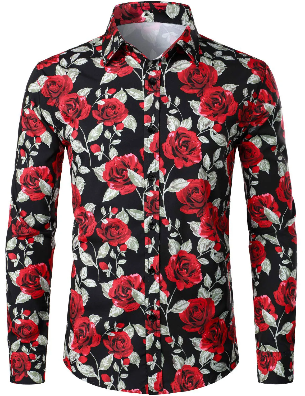 Men's Casual Vintage Rose Black Button Up Long Sleeve Shirt