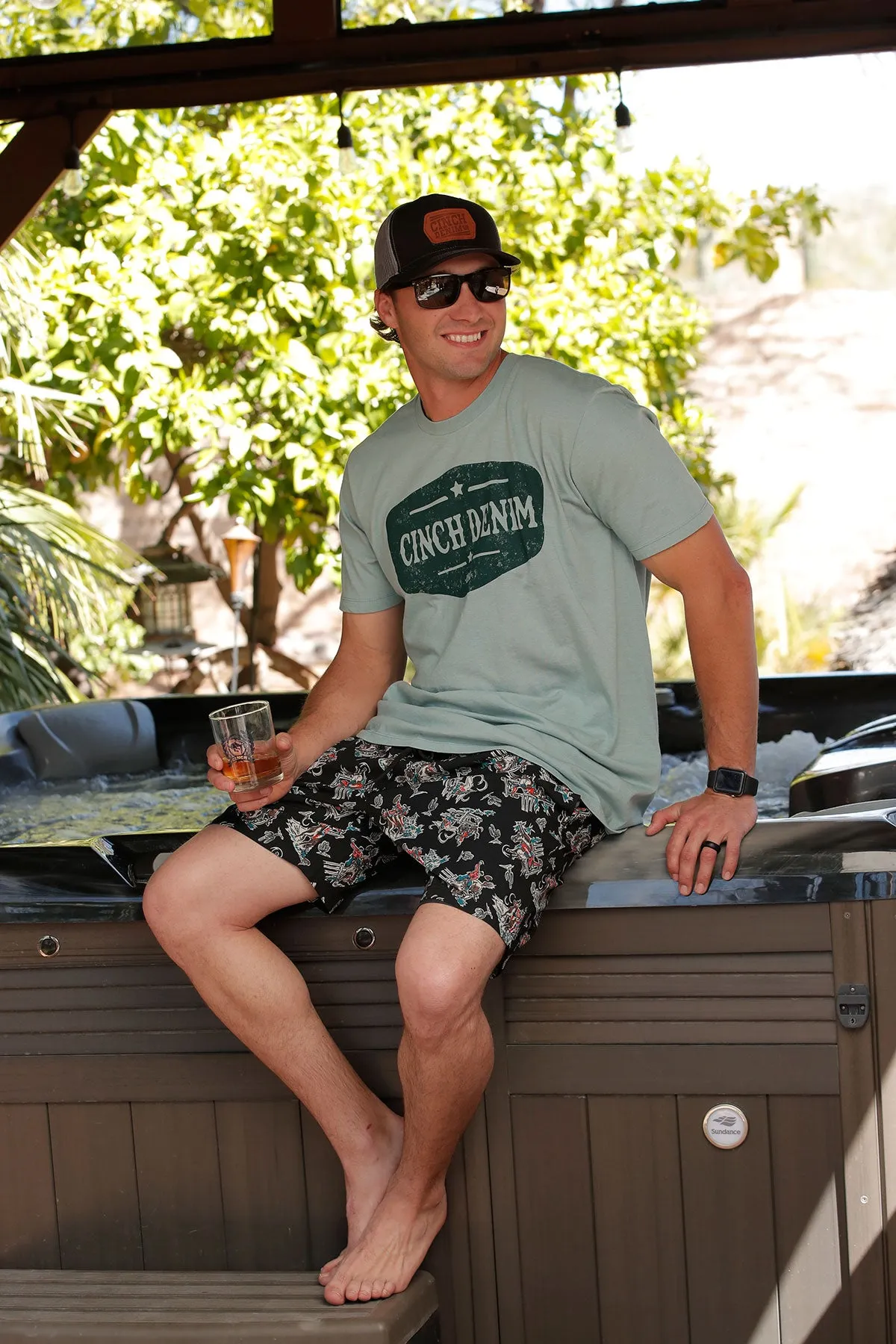 Men's Cinch Cowboys n' Cactus Print Black Swim Trunks