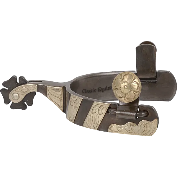 Men's Classic Equine Brown Steel All-Around Cowboy Spurs with Etched Silver Overlay